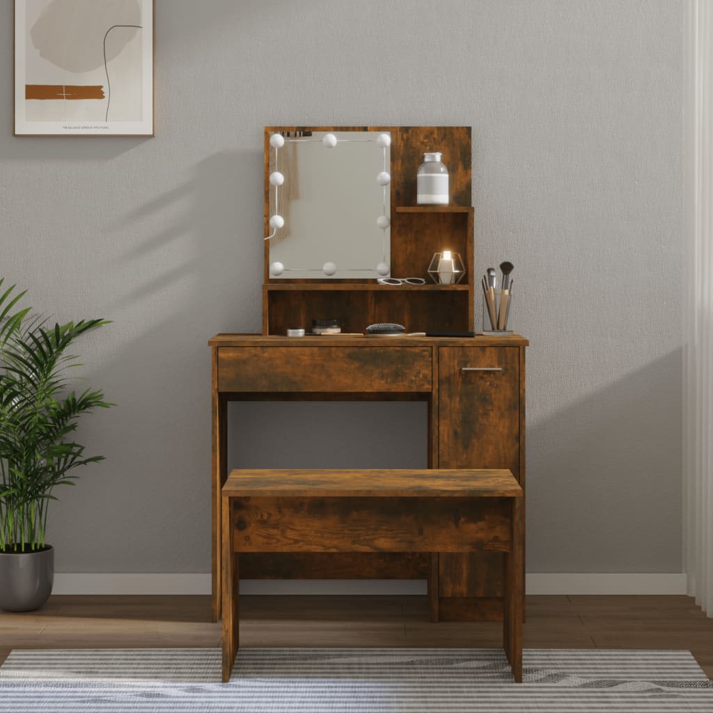 Dressing Table Set With Led Engineered Wood